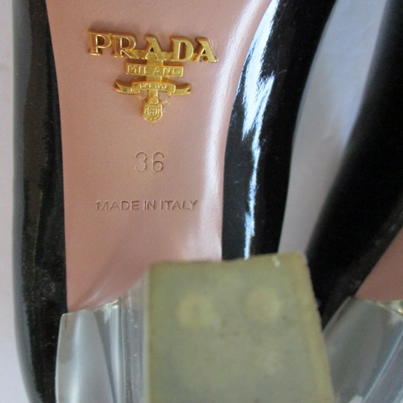 PRADA SHOES PUMP CLEAR HEELS PATENT BLACK COLOR SIZE 36 MADE IN ITALY USED COND. - Picture 16 of 16
